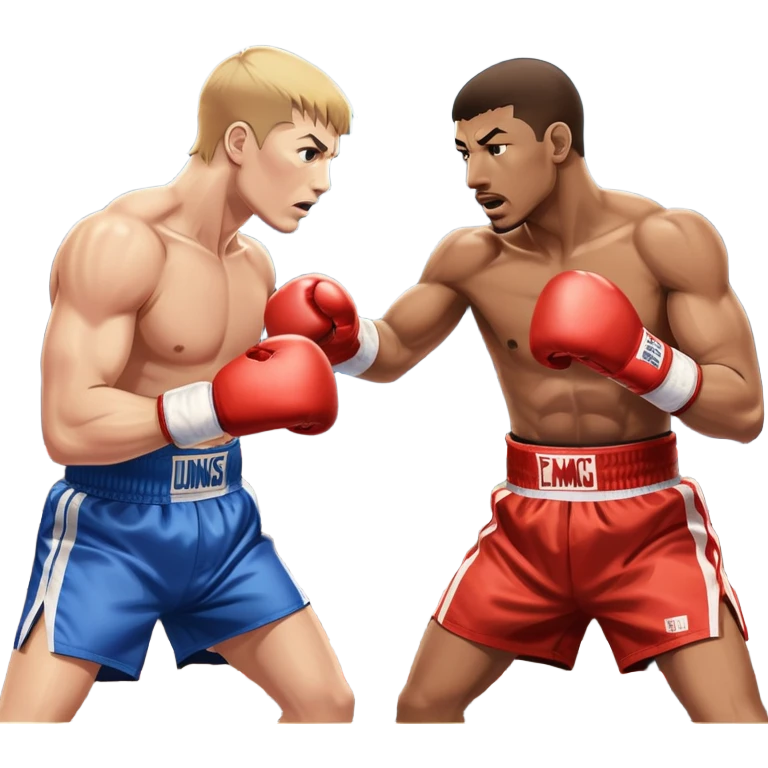 Two professional boxers in the ring fighting for the world championship title. One delivers a powerful straight punch to the head, while the other skillfully dodges. The background shows a brightly lit boxing arena with a roaring crowd. Transparent background emoji