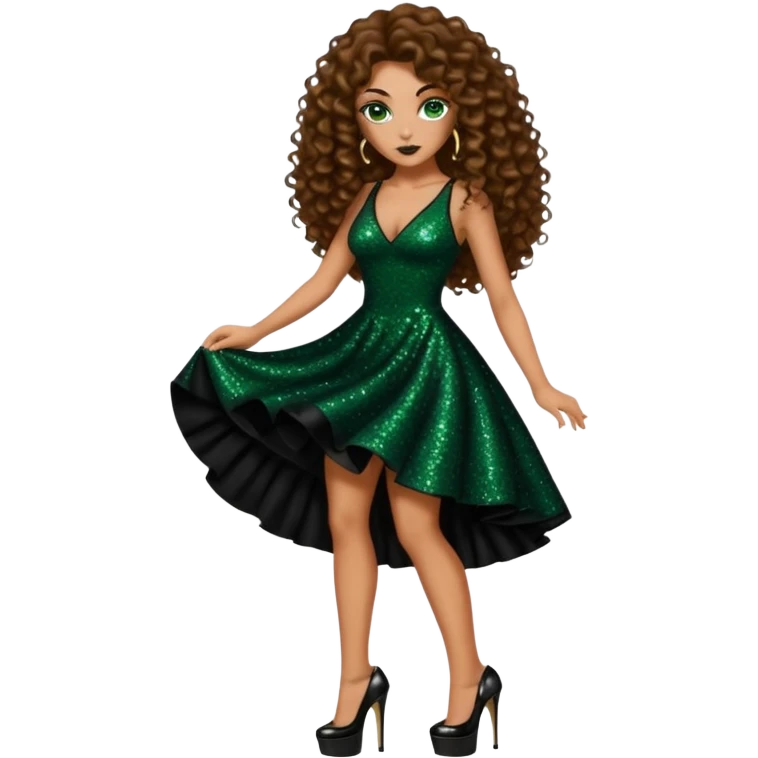 Half naked green eyes brown long curly hair woman, gang drug lord mafia boss style with 7 inch platform stripper high heels black glitter dress emoji