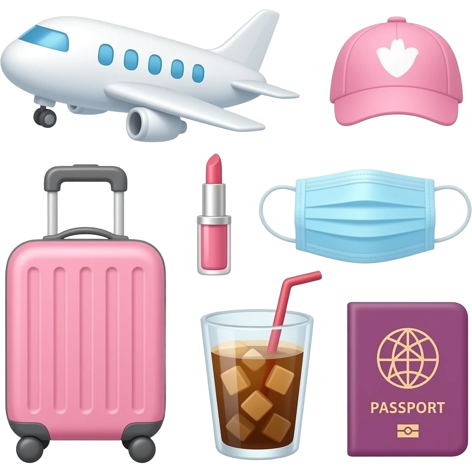 aesthetic, pink, cute, travel emojis (airplane, luggage, face mask, lip gloss, iced coffee, passport, travel essentials) emoji
