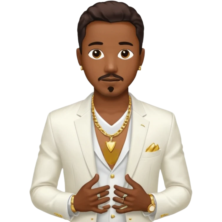 Ralph Tresvant with dark brown hair, white suit jacket, shirtless with necklace emoji