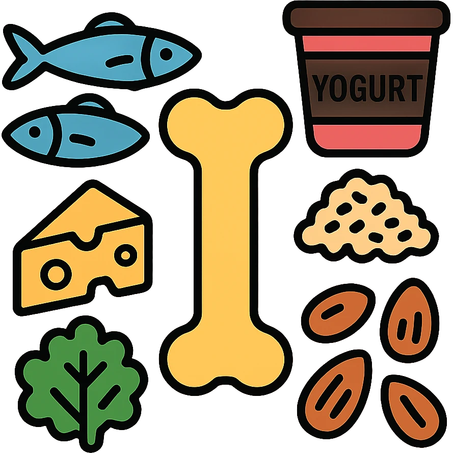 Sources of calcium: sardines, yogurt, cheese, sesame seeds, almonds and kale surrounding a single strong bone emoji