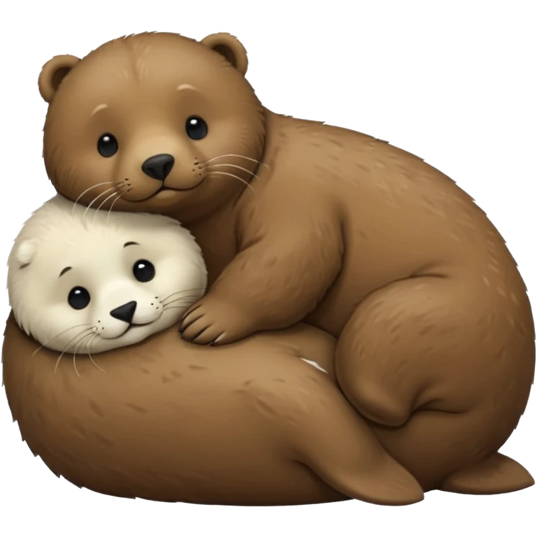 tiny white seal laying on a big brown bear’s belly emoji