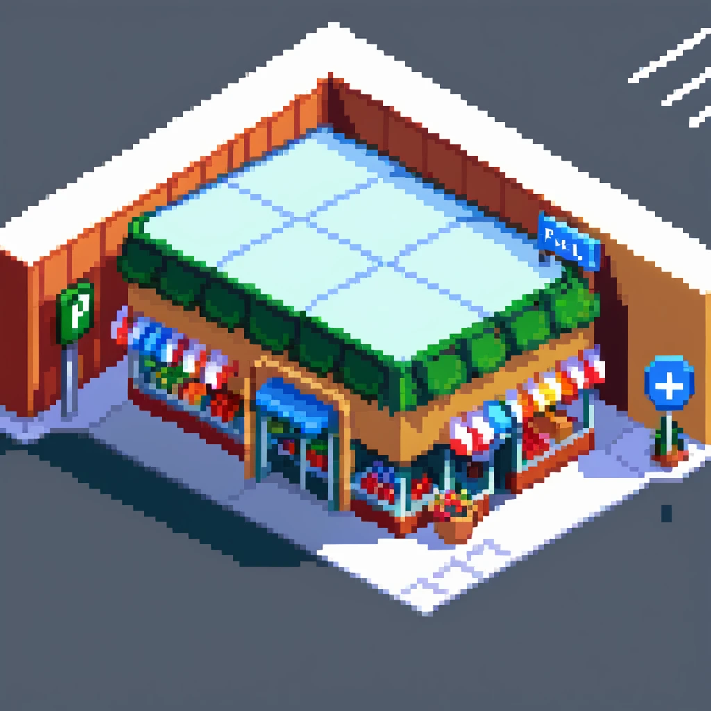 Isometric view of a supermarket building exterior with parking lot, shopping carts, and store sign emoji