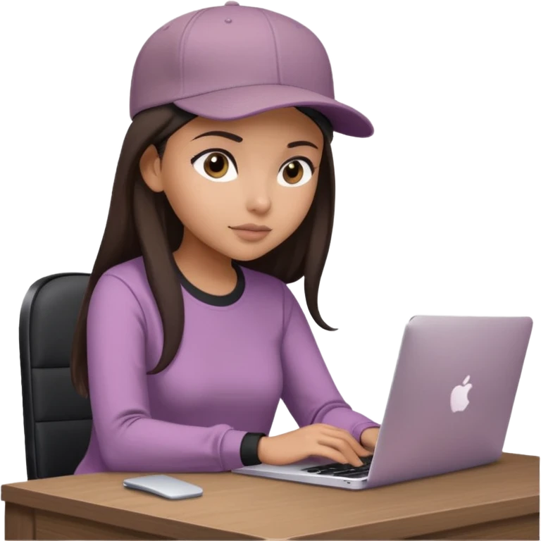 A professional 3D avatar of a young woman with olive skin and long, dark brown hair, wearing a dark, long-sleeved mauve taupe shirt and a black baseball cap. She's sitting at a sleek wooden desk, typing and looking at a silver MacBook.  emoji