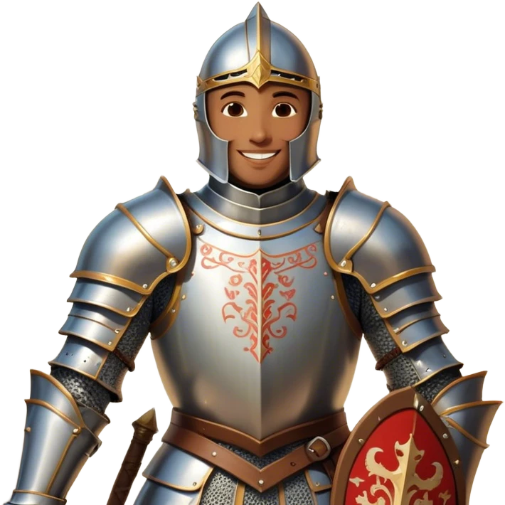 Clash of Clans aesthetic Cheerful Knight Portrait Emoji, With a radiant smile and an upright, confident stance, featuring an elegantly armored figure with intricate detailing and shining accents, his face in a natural skin tone, Simplified yet expressive features, highly detailed, glowing with a soft, luminous aura, high shine, upbeat and noble, stylized with an air of classic medieval heroism, soft glowing outline, capturing the essence of a cheerful knight ready to embark on legendary adventures! emoji