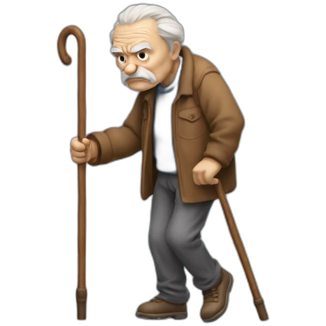 Old man leaning on a walking cane and holding his crancky back with his hand grumpy face, detailed emoji