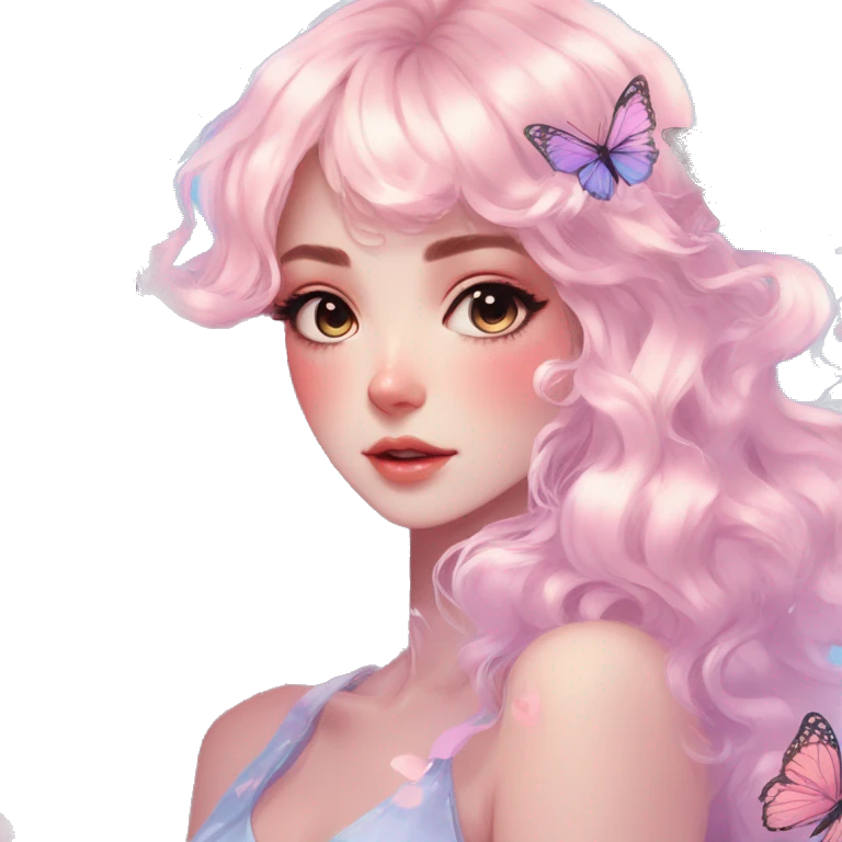 gorgeous shiny blushing anime pastel lady with butterflies and beautiful hair fairycore high quality detailed vogue trending aesthetic emoji