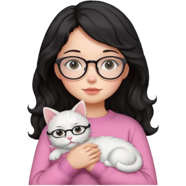 a girl with a black wavey hair, wearing a pink sweater and glasses, holding a cute white cat, only upper body emoji