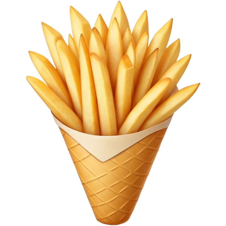 Cinematic Realistic Belgian Fries Dish Emoji, showcasing thick, crispy fries served in a paper cone rendered with detailed textures and golden, appetizing lighting. emoji