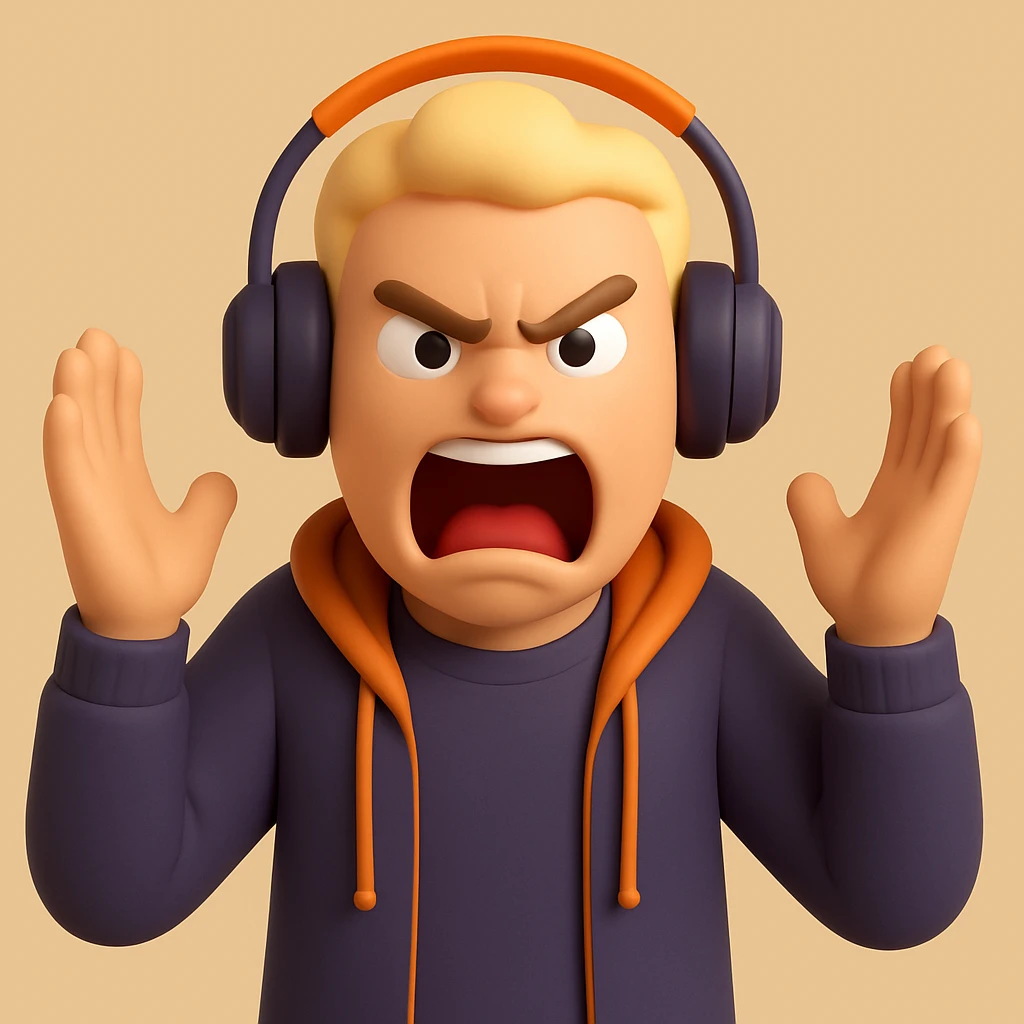 Make the bold guy with headphones look angrier and more intense while screaming in the style of microsoft 3D fluent emojis. emoji