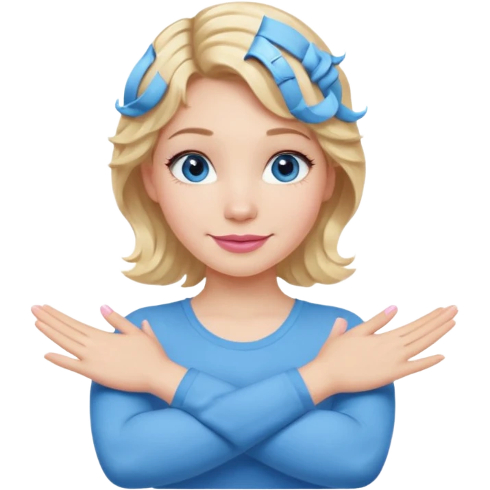 Girl Blonde short wavy hair,  blue eyes, cute blue top, long lashes, pink lips, smiling, making cross arms with arms  emoji