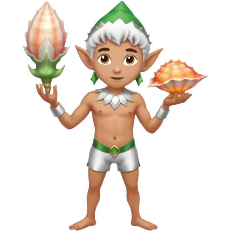 male elf in silver-trimmed swim shorts, holding glowing conch shell. Pointed ears, barefoot. Tropical vibe emoji