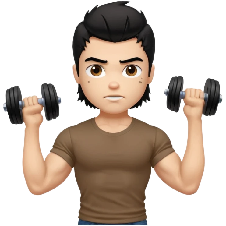 generate a pretty fair bratz boy with a messy mullet (black hair), wearing a brown tshirt. he has big biceps and is ripped. He is holding dumbbells emoji