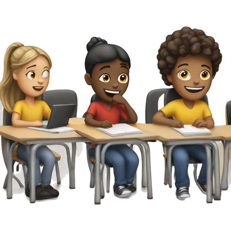 3 students at school desks. they are chatting emoji
