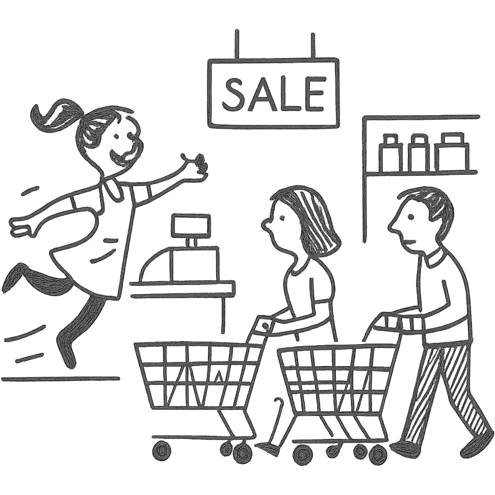 supermarket scene, shoppers in motion with the salesgirl being carried away emoji
