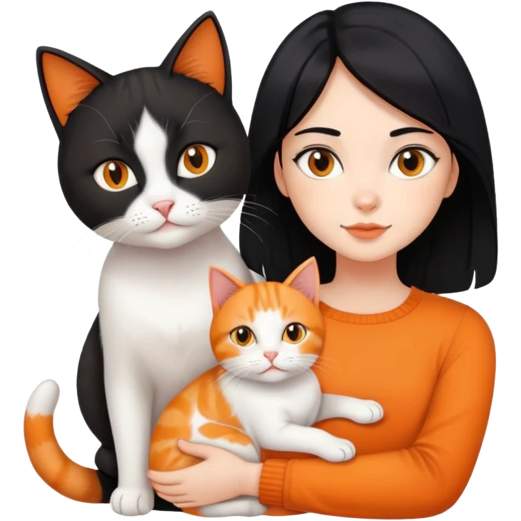 girl with medium size length black hair, with 2 cats (1 mixed white and orange cat and a pure orange cat) emoji