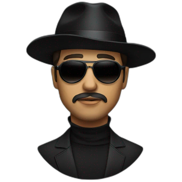 A man in a black hat, black round sunglasses and a black mask emoji