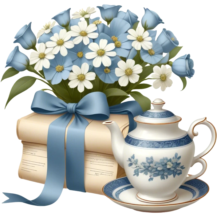 A timeless arrangement of a dusty blue silk ribbon loosely wrapped around a bundle of aged letters, with pressed white flowers and a porcelain tea set in the background.
 emoji