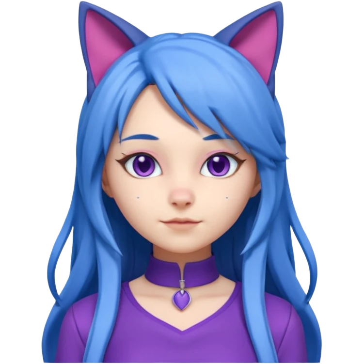 The image is a 3D rendering of a female character with long blue hair and cat ears on her head. She is wearing a purple outfit with a high neckline and long sleeves.  emoji