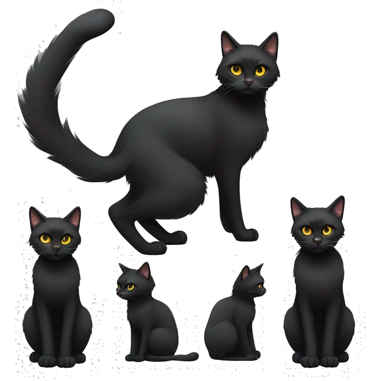 One petite, solid black furred cat. Light yellow eyes. Black pointed tufts of long fur at only the very tip-top points of its ears like a lynx. Fully body black and no other color markings. Facing forward and standing with ears slightly tilted. emoji