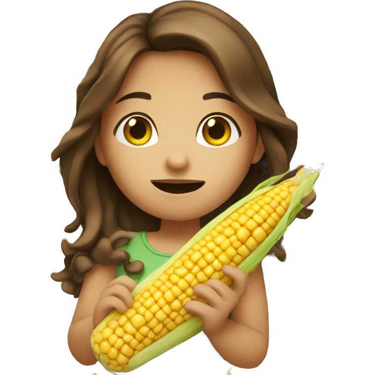 Girl with brown hair eating corn emoji