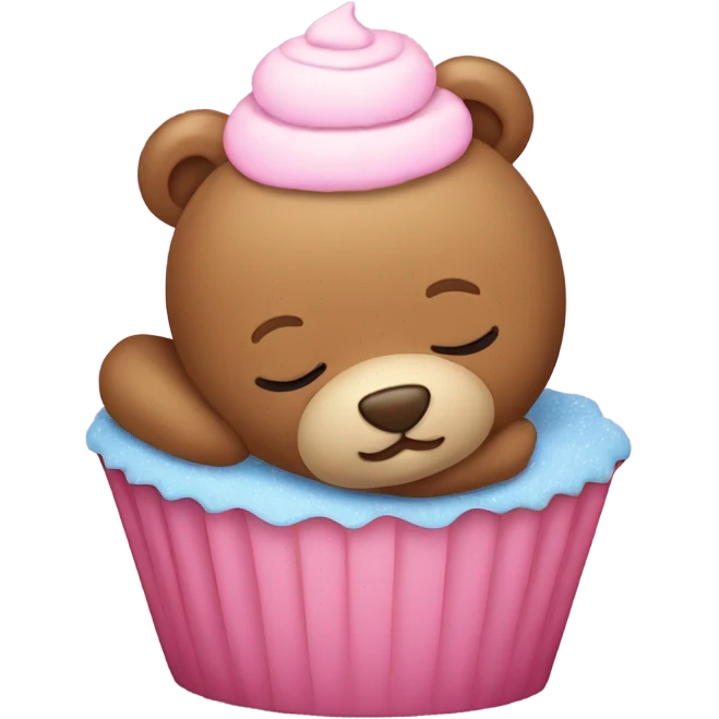 Sleeping teddy bear leaning against a cupcake emoji