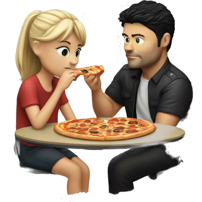 karl urban sitting at a table eating pizza with small white girl with black hair emoji