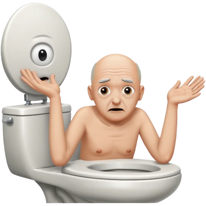 A bald person who’s very old is staring, he’s inside a toilet and his head is upright and looking at the camera with very wide eyes and his hands are putting pressure on his head, very scared expression and he’s shaking his butt emoji