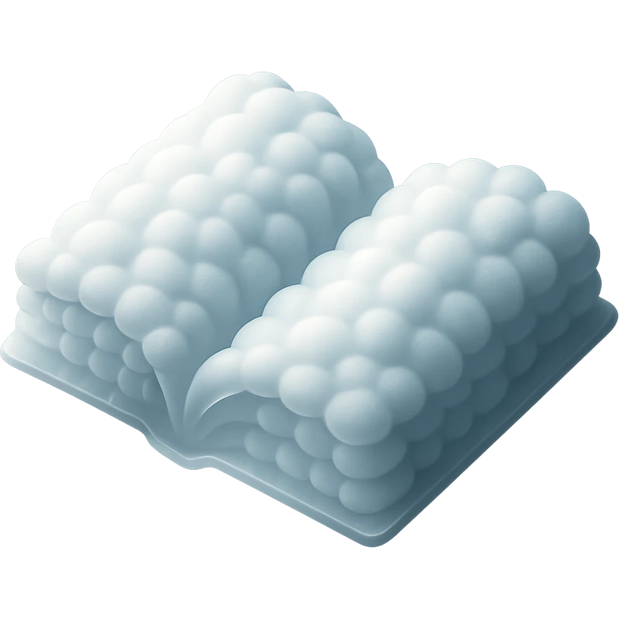 thick open book made entirely of small, very bright white fluffy convex clouds, matte glass style, no background, no text emoji