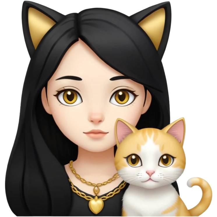 Girl black long hair with whiteish gold cat emoji