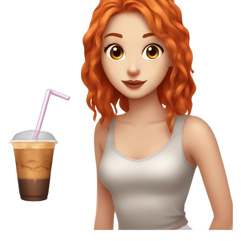 Beautiful fair skin long orange red hair girl brown eyes fair skin girly beautiful drinking straw iced ice coffee clean white beautiful emoji