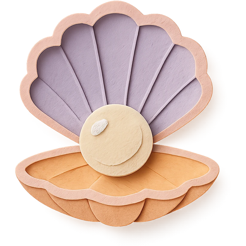illustration of a clam shell open with a shiny pearl inside, soft pastel colors, paper-craft style emoji