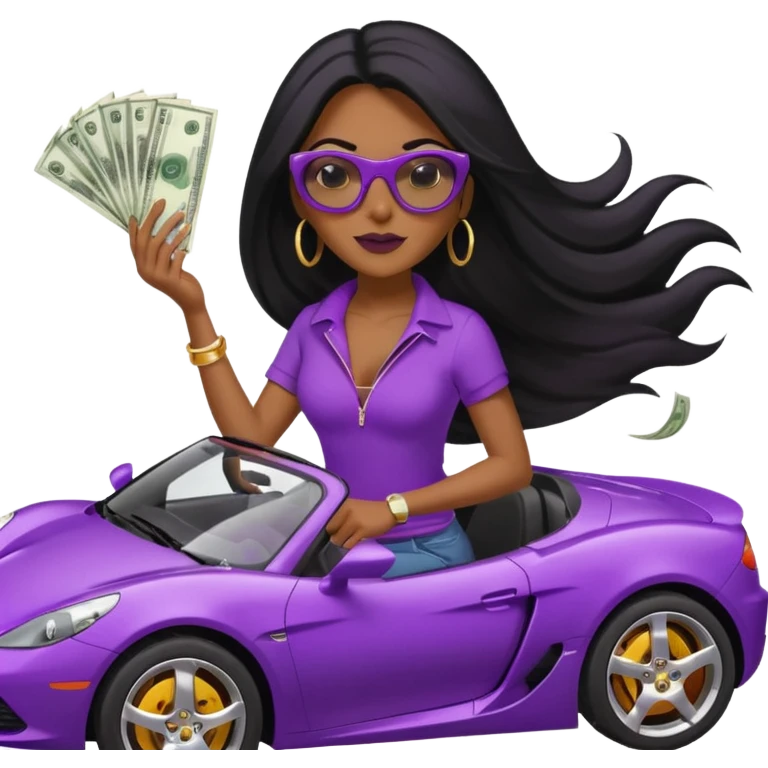 Black woman with long hair riding in a purple sports car with money falling emoji