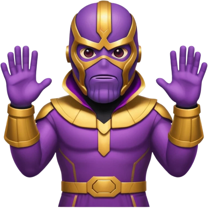 emoji style Thanos with purple skin, strong jaw, Infinity Gauntlet, dressed as Squid Game guard with red jumpsuit and black mask with triangle, minimal, bold, playful, bright colors emoji