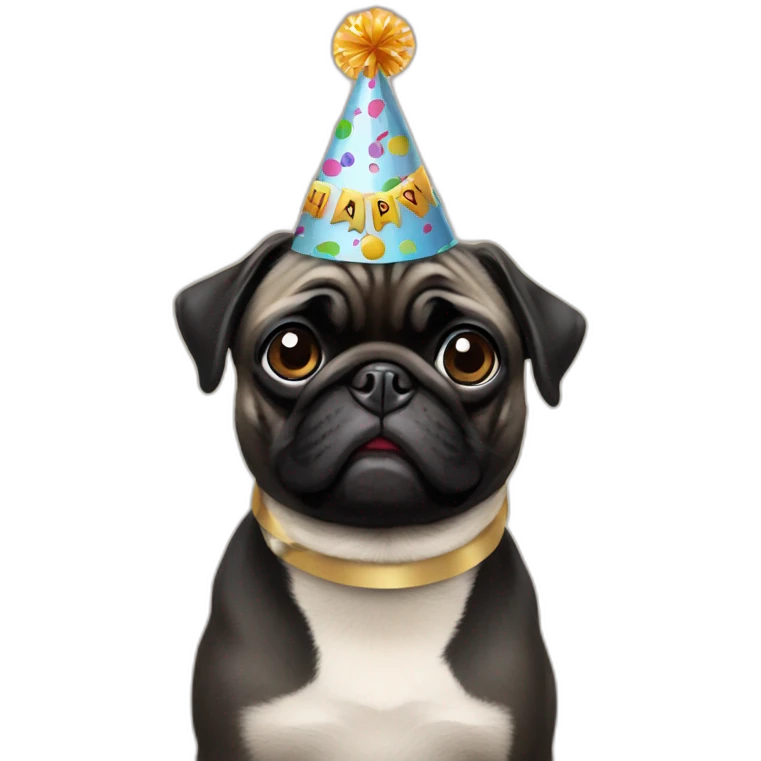 pug wearing birthday hat and black pug wearing birthday hat emoji