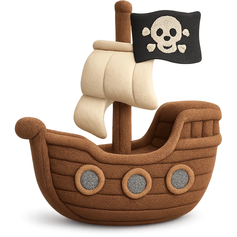 A plush pirate ship toy with soft fabric sails, embroidered wooden details, cute stitched portholes, and a friendly jolly roger flag emoji