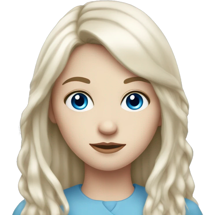 young pale white woman with blue eyes, long dark brown hair and a fringe emoji