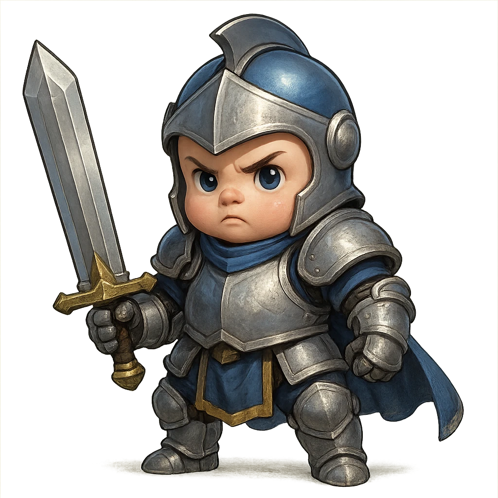 baby version of a heavily armored warrior, wearing blue and silver plate armor and holding a large sword, bold and heroic look, inspired by a noble knight emoji