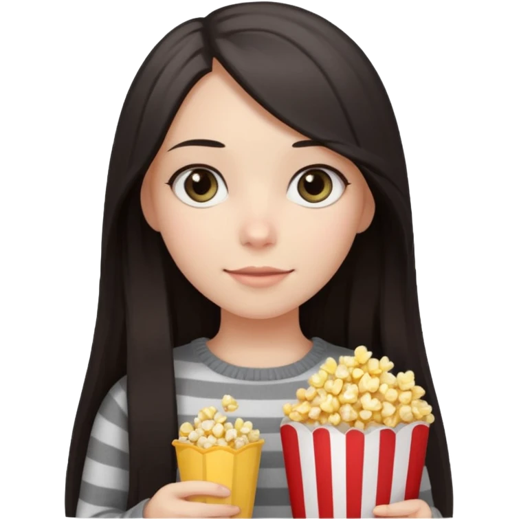girl with dark straight long hair, striped light sweater, gray gray eyes, holding popcorn in her hands emoji