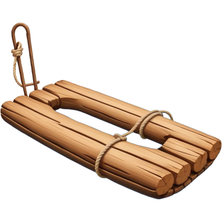 showing a simple wooden raft floating on calm blue water — made of several brown logs tied together with rope — gentle ripples around it — bright, cheerful lighting and soft shadows — minimalist, clean emoji design emoji