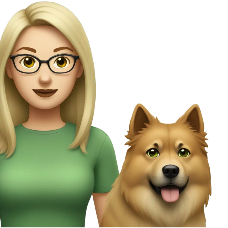 Brown light hair woman aux Green eyes with glasses Green eyes and White beige eurasier dog  emoji