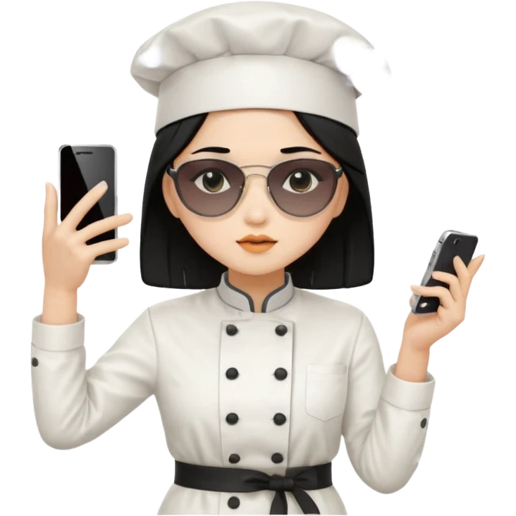 ["A sad woman with light skin, straight hair, wearing a chef hat and sunglasses, dressed in K-pop fashion, is dancing while holding a phone."] emoji