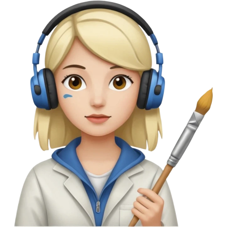 female artist wearing headphone, holding painter emoji