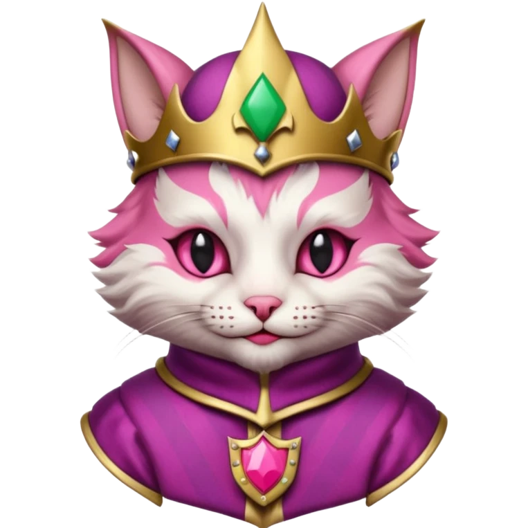 court jester cat medieval, single poker card joker clearly visible, pink, face only enclosed in a medieval badge  emoji