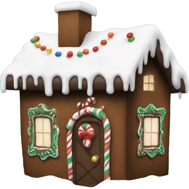 A dark brown gingerbread house with some snow on it and Christmas decorations stuck to the house. emoji