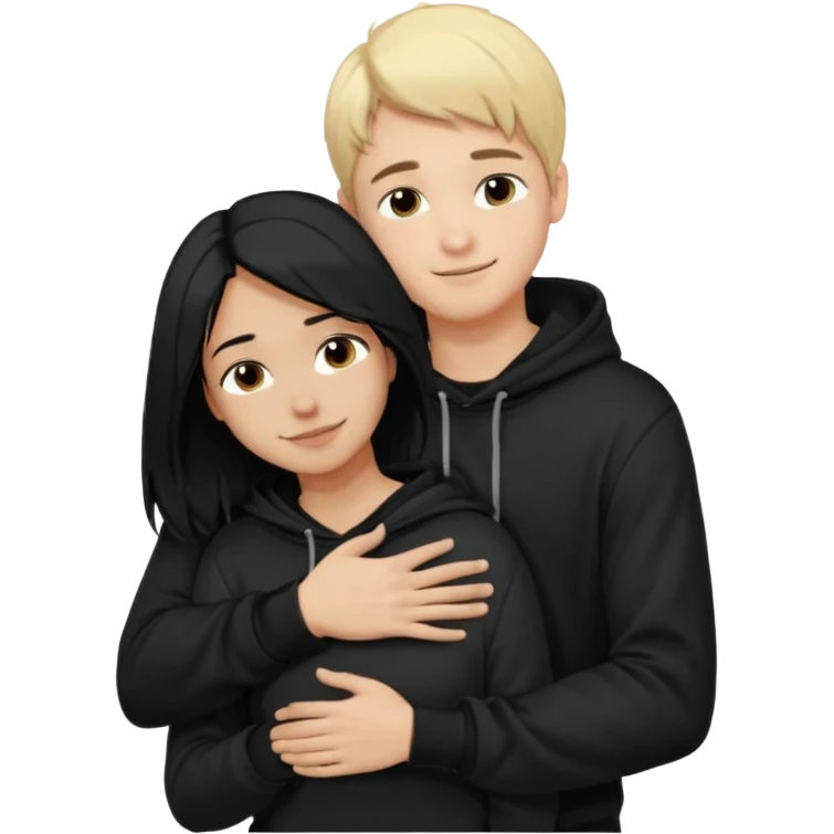 Joven de pelo rubio corto y piel blanca con poleron negedro abrazando por detrás a una joven de pelo negro largo con partidura al medio, de piel morena con sus manos en los brazos del joven aceptand su abrazoemoji emoji