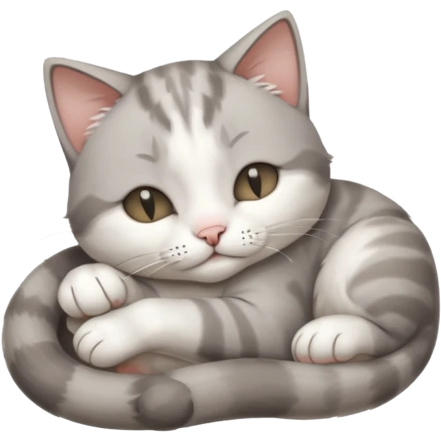 grey and white small cat with its eyes closed lying down with its paw curled and holding up his head emoji