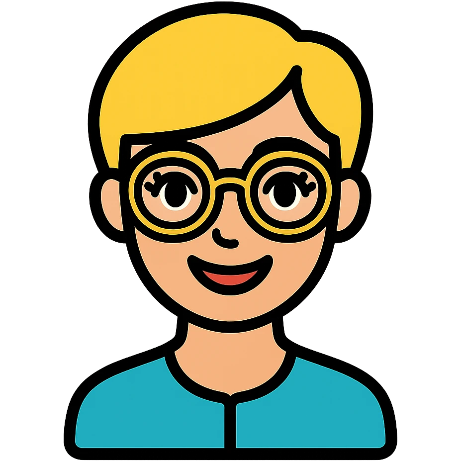blonde teacher with pixie haircut, gold glasses, blue eyes, big eyelashes, nice smile icon-color-outlined style emoji