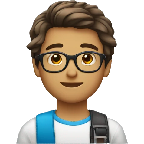um menino de 13 anos, com cabelo castanho, olho castanho, óculos azul, corte haircut e pele clara emoji