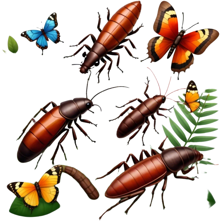 Close-up of giant Madagascar hissing cockroaches, butterflies, and stick insects in their natural habitat. The insects are shown in detail, highlighting their unique textures and colors, surrounded by plants and leaves. Soft lighting to enhance their features. Transparent background. emoji